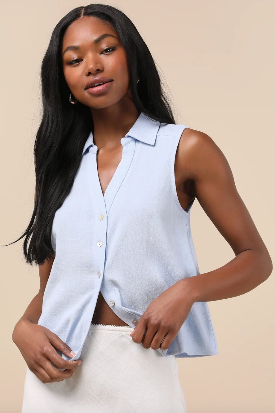 Lulus Casual Contentment Light Blue Linen Button-Up Collared Tank Top Medium NWT